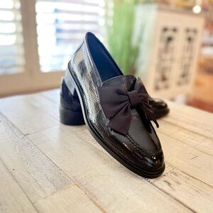 Anthropologie Black Patent Loafer with Bow Accent